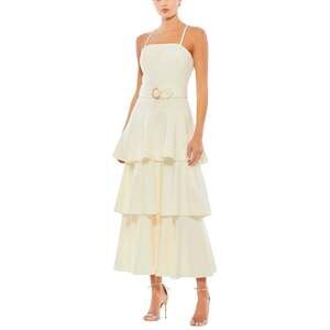 Mac Duggal 26629 Cream White Cocktail Dress Belted Ruffled A-Line Midi Size 0